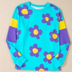 Floral Long Sleeve Tee - Turquoise and Purple